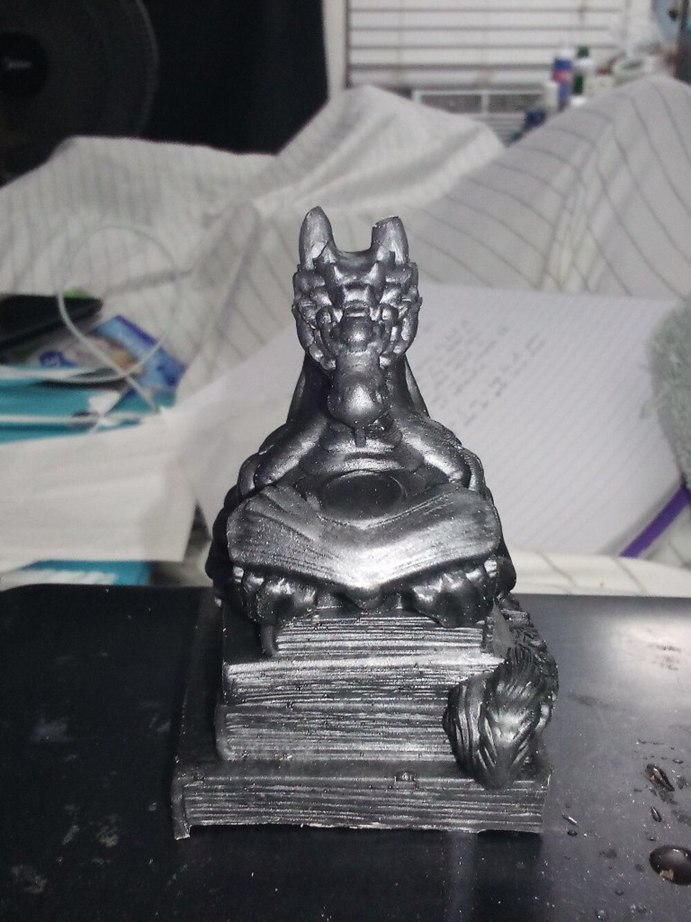 Handmade Black Reading Dragon Statue Bookend